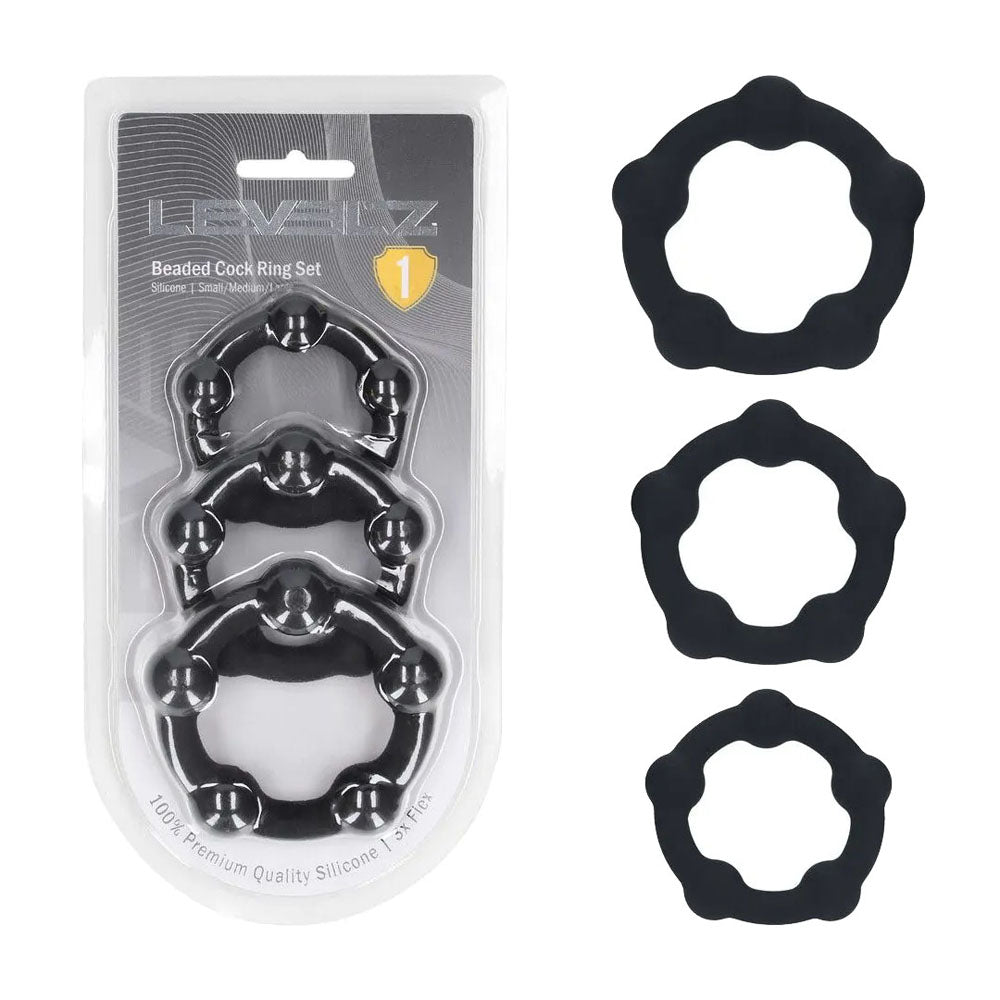LEVELZ Beaded Silicone Cock Ring Set of 3 - Black - Discount Adult Zone