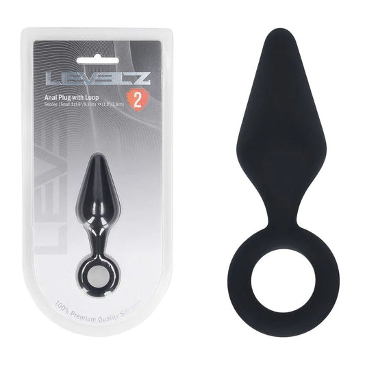 LEVELZ Silicone Anal Plug with Loop - Small - Black - Discount Adult Zone